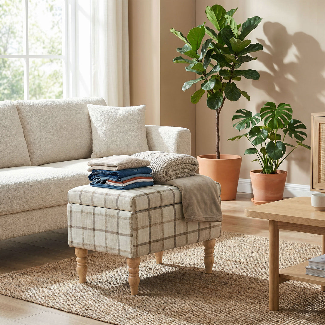 Linen Fabric Upholstered Footstool, Rectangular Storage Stool with Rem