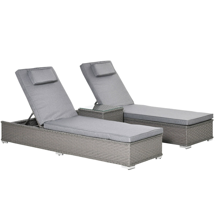 3 Pieces Rattan Sun Lounger Set with Aluminium Frame, 5-Position Adjustable Reclining Garden Chairs and Glass Top Table, Wicker Garden Furniture Daybed with Cushions for Patio, Grey