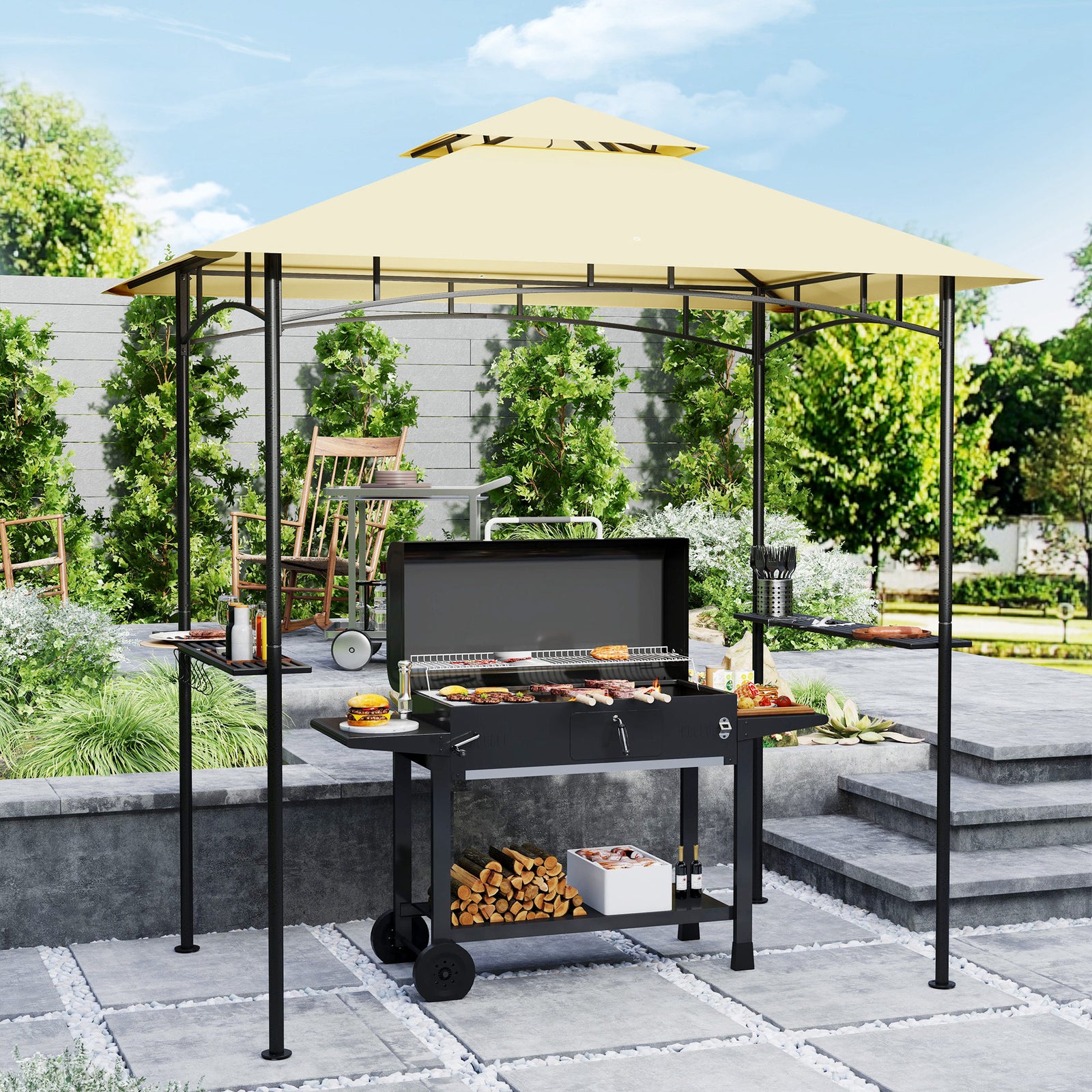 8' x 5' Grill Gazebo, Double Tiered BBQ Gazebo Shelter Canopy with LED Lights, 2 Side Shelves, Hooks, Beige