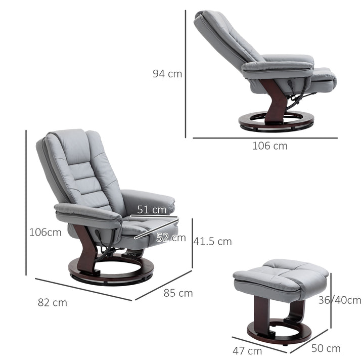 HOMCOM Recliner Chair With footstool, Recliner Armchair up to 130kg Weight Capacity, 135° Reclining Swivel Sofa Chair, PU Leather Ergonomic Couch Bed with Swivel Wood Base for Living Room, Grey