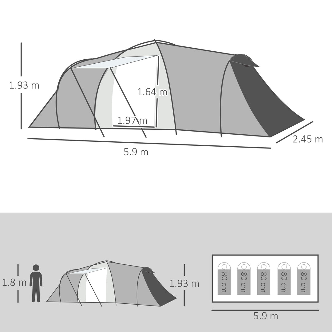 Four-Man Tunnel Tent, with Two Bedrooms and Living Room - Grey/Yellow