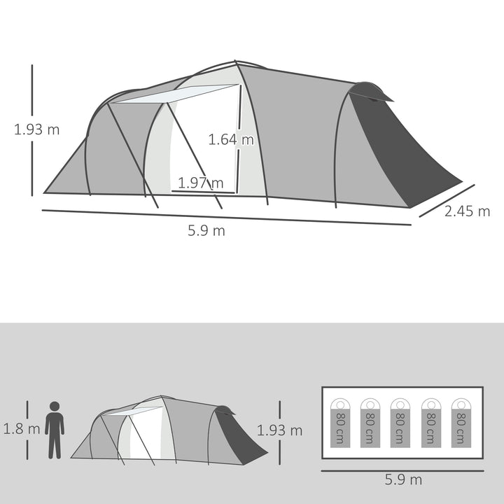 Four-Man Tunnel Tent, with Two Bedrooms and Living Room - Grey/Yellow