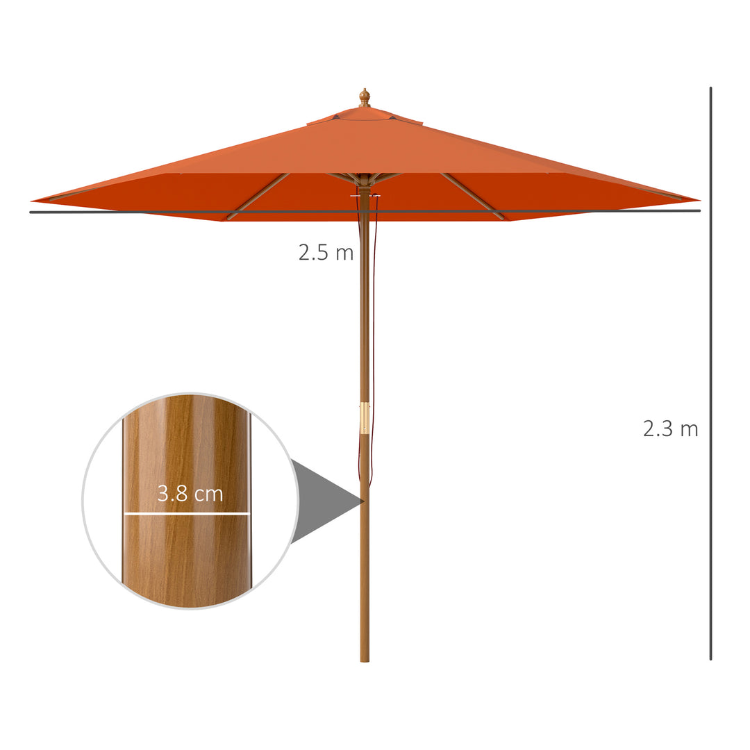 2.5m Wood Garden Parasol Sun Shade Patio Outdoor Wooden Umbrella Canopy, Table Market Umbrella with Vent, 38mm Pole, Rope Pulley Mechanism, Orange