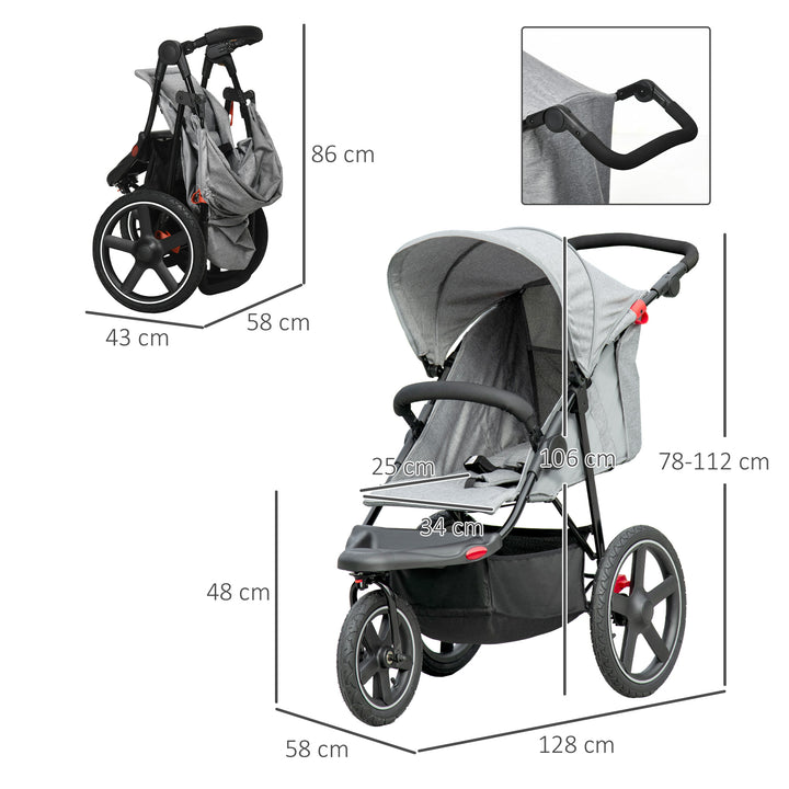 HOMCOM Foldable Three-Wheeler Baby Stroller w/ Canopy, Storage Basket - Grey