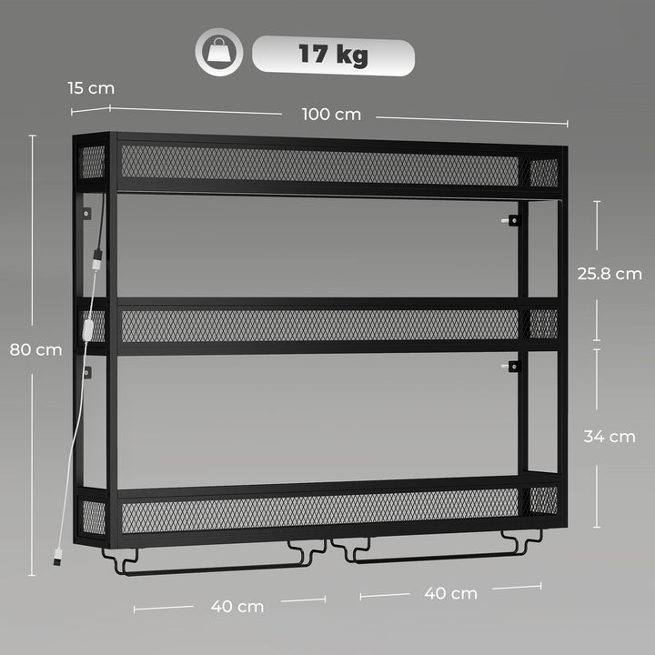 Wall-Mounted Wine Rack with LED Lights, Glass Holders, Open Shelf - view 3