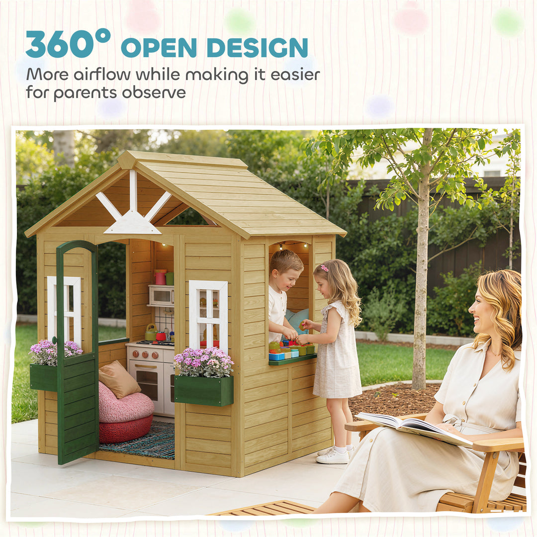 Outdoor Kids Playhouse, Wooden Wendy House with Door, 3 Windows, 2 Flo