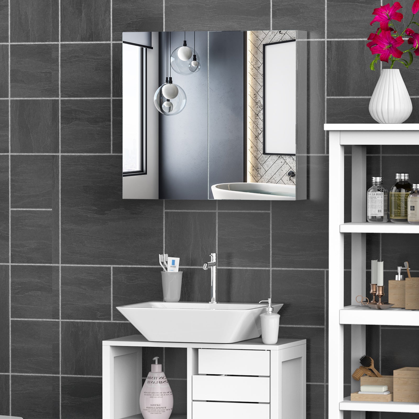 Bathroom Mirror Cabinet, Stainless Steel Wall Mounted Bathroom Storage Cabinet with Double Doors, 60x55cm