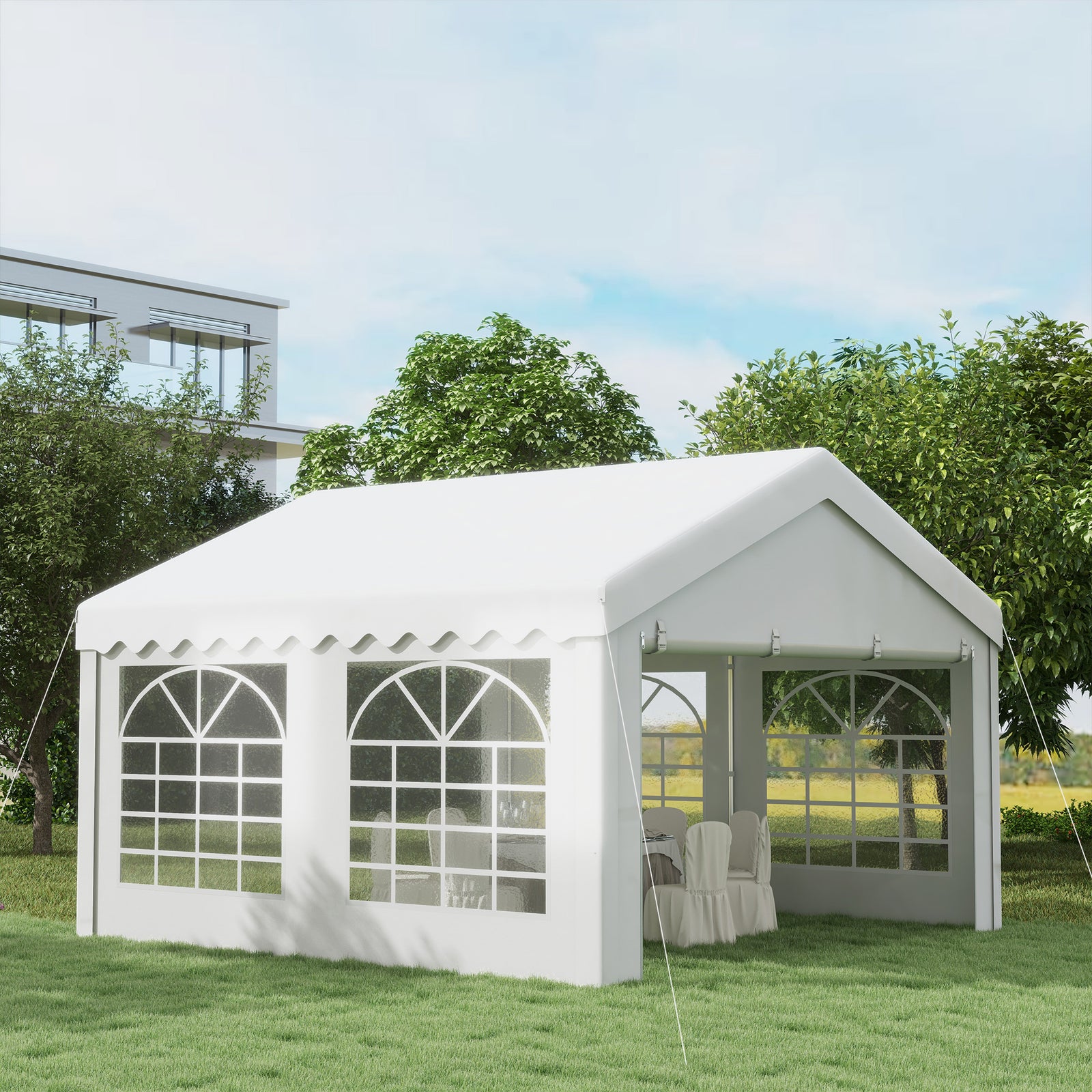 4m x 4m Marquee Party Tent, Heavy Duty Wedding Canopy with Sidewalls, Doors, Windows, Galvanised Garden Gazebo for Parties Events, White