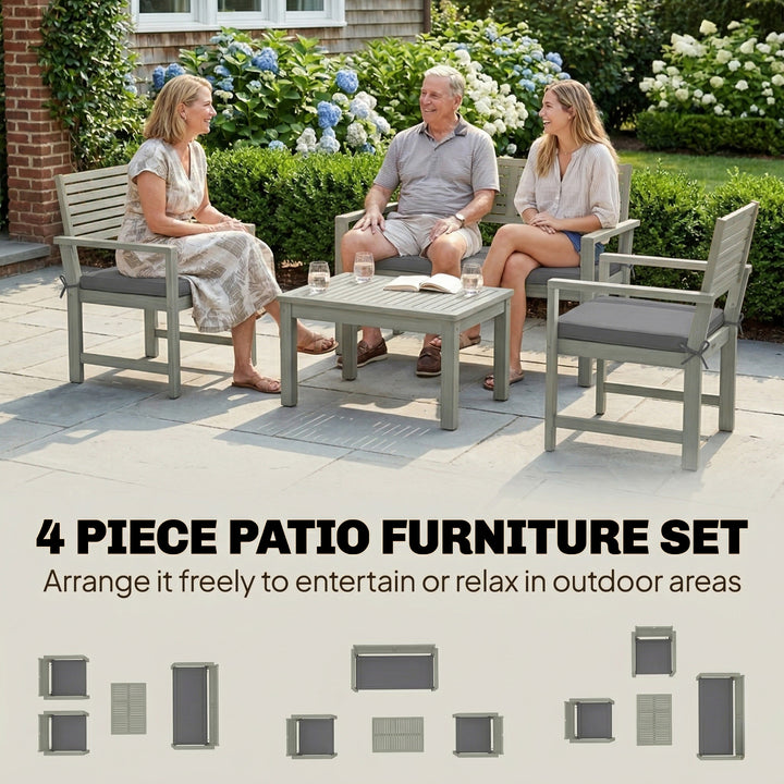 4 Seater Wooden Garden Furniture Set with Loveseat, Armchairs, Table, 