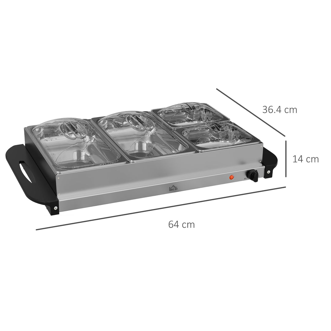 4 Tray Electric Food Warmer Buffet Server with Warming Plate, Cool Touch Handles, Adjustable Temperature, 300W, 2 x 2.4L and 2 x 1L Pans