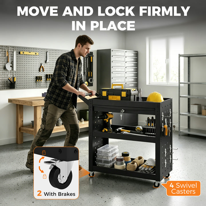 Tool Cart with Lockable Wheels, Rolling Workshop Cart with 3-Tier Tray