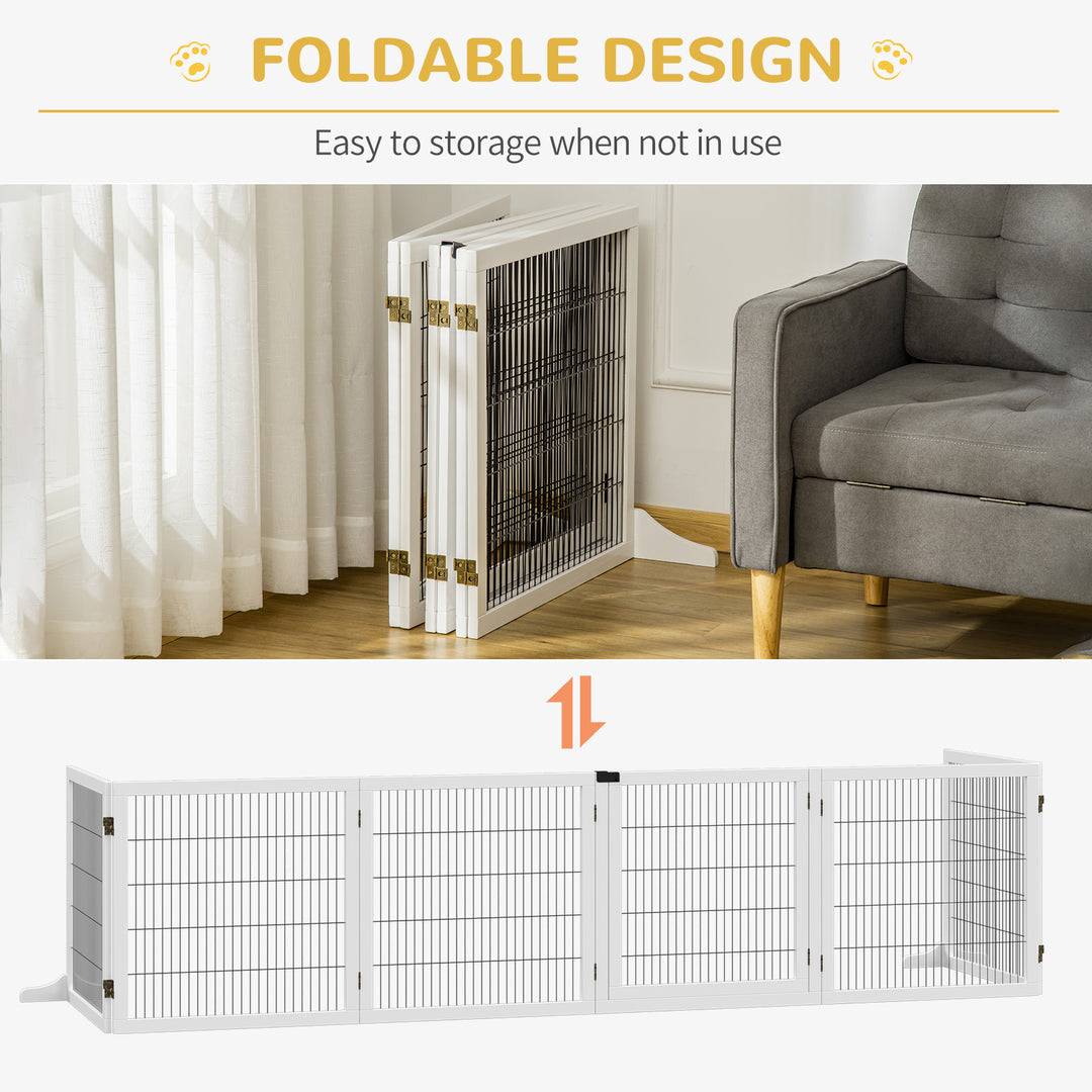 Wooden Pet Gate, Freestanding Dog Safety Barrier, w/ 2 Support Feet, White