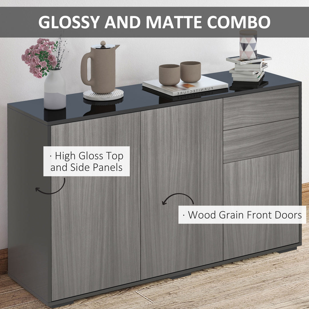 High Gloss Side Cabinet, Push-Open Design with 2 Drawers and 2 Cabinets for Living Room, 74H x 117W x 36Dcm, Light Grey and Black