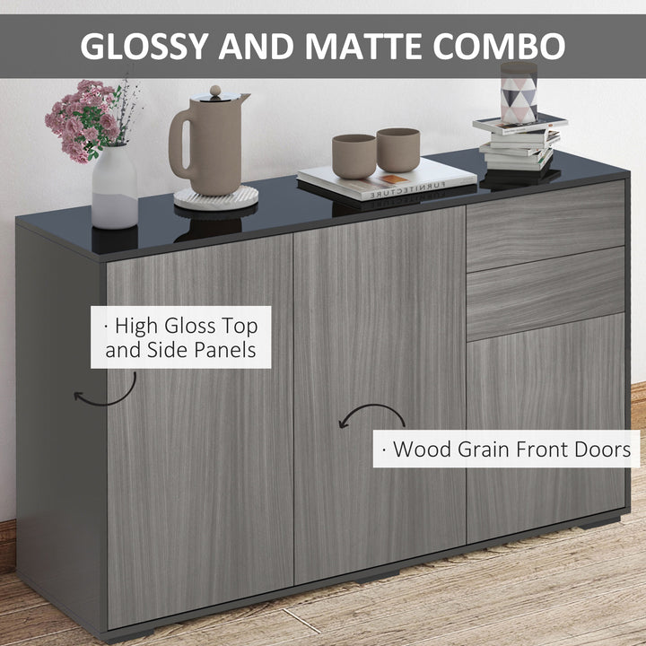 High Gloss Side Cabinet, Push-Open Design with 2 Drawers and 2 Cabinets for Living Room, 74H x 117W x 36Dcm, Light Grey and Black