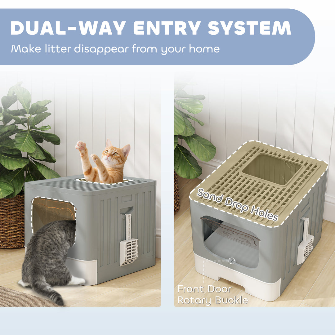 Foldable Cat Litter Box with Lid, Slide-Out Drawer, Scoop, Easy Clean, Odour Control, Anti-Splashing