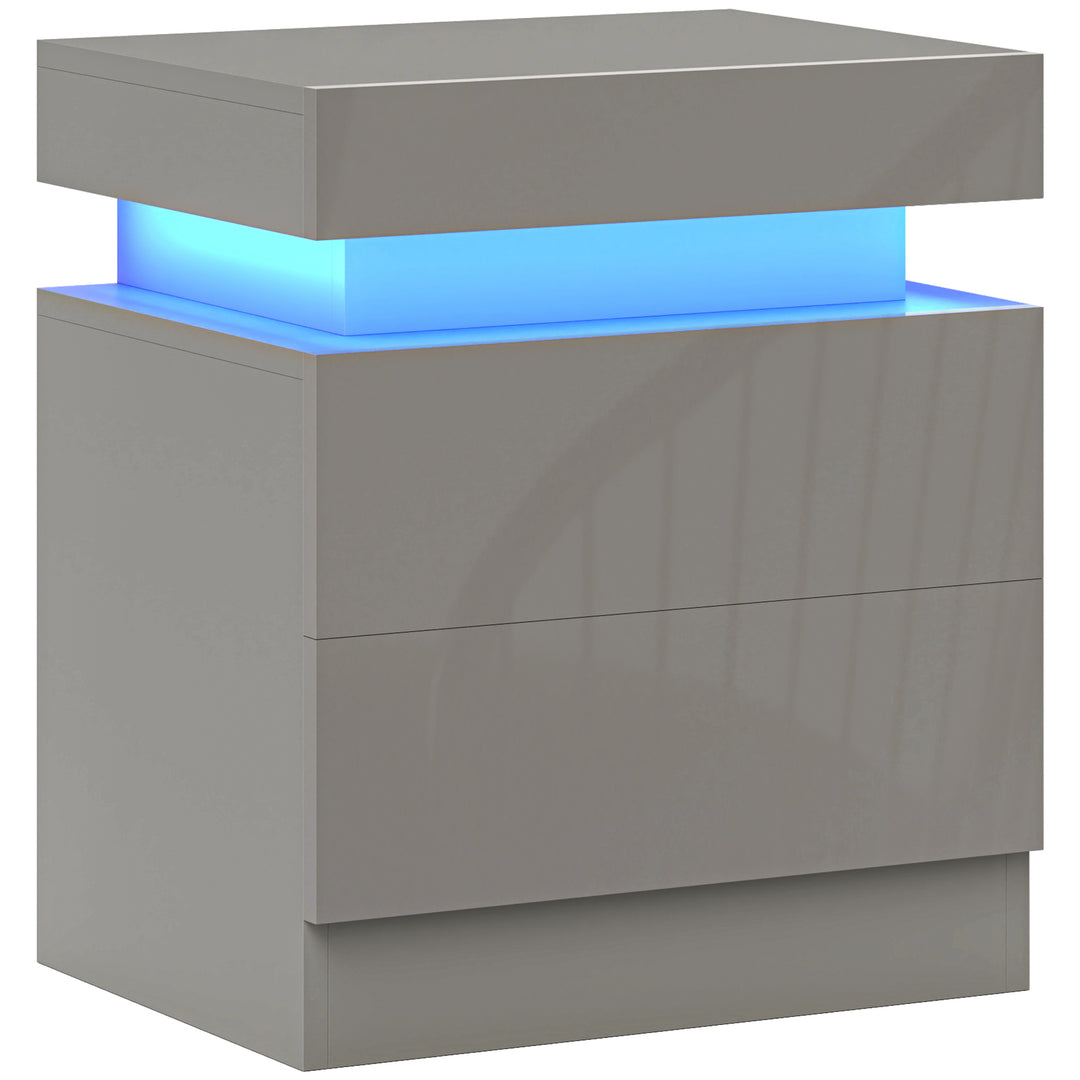 Grey Bedside Table with LED Light, High Gloss Front Nightstand with 2 