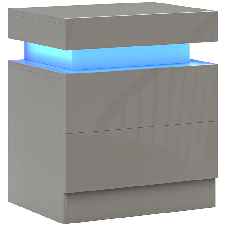 Grey Bedside Table with LED Light, High Gloss Front Nightstand with 2 