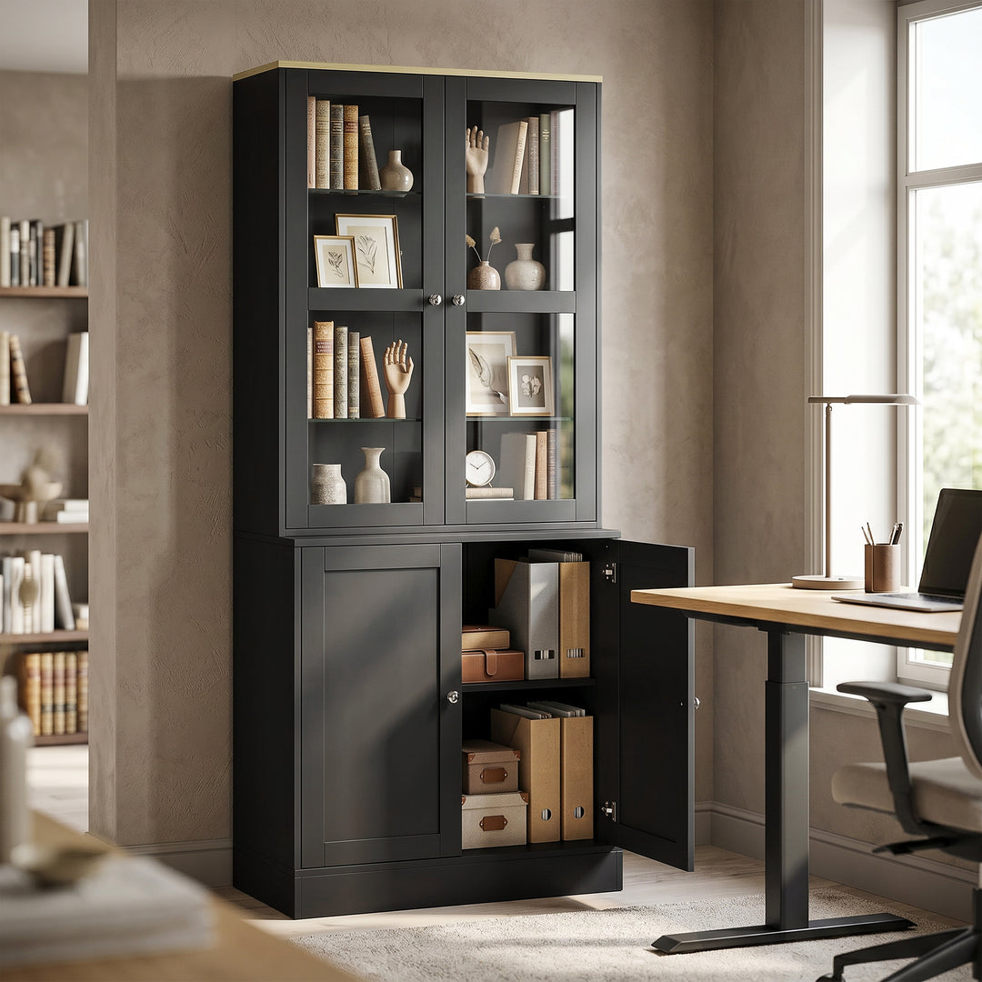 Modern Bookcase Display Storage Unit with Glass Doors Adjustable Shelv