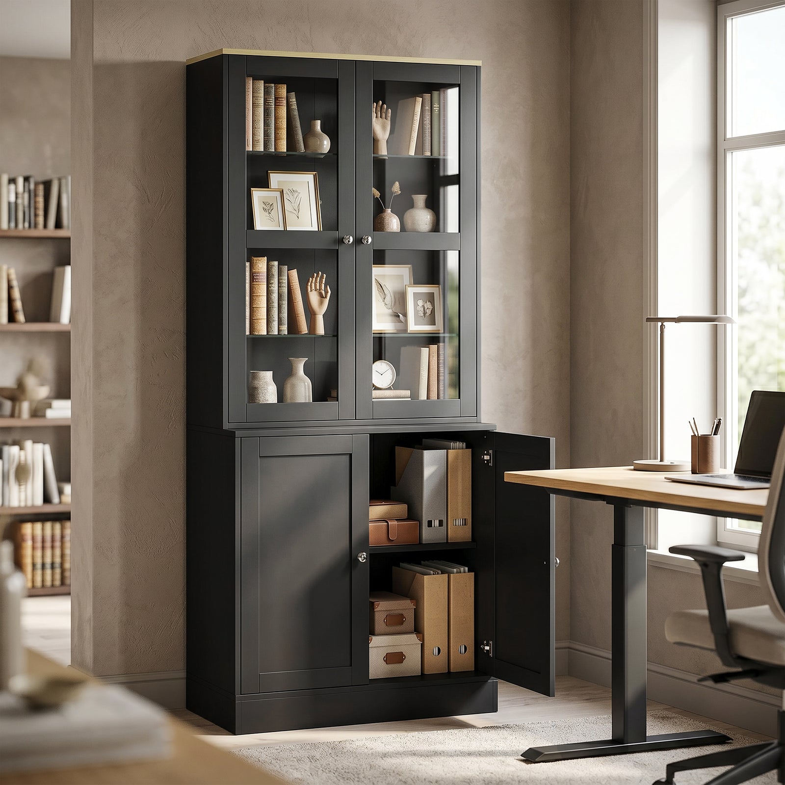 Modern Bookcase Display Storage Unit with Glass Doors Adjustable Shelv