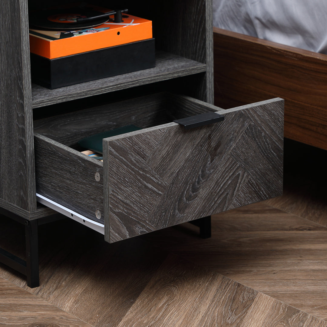 Bedside Table with Drawer and Shelf, Side End Table with Steel Legs for Living Room, Bedroom, Set of 2, Dark Grey
