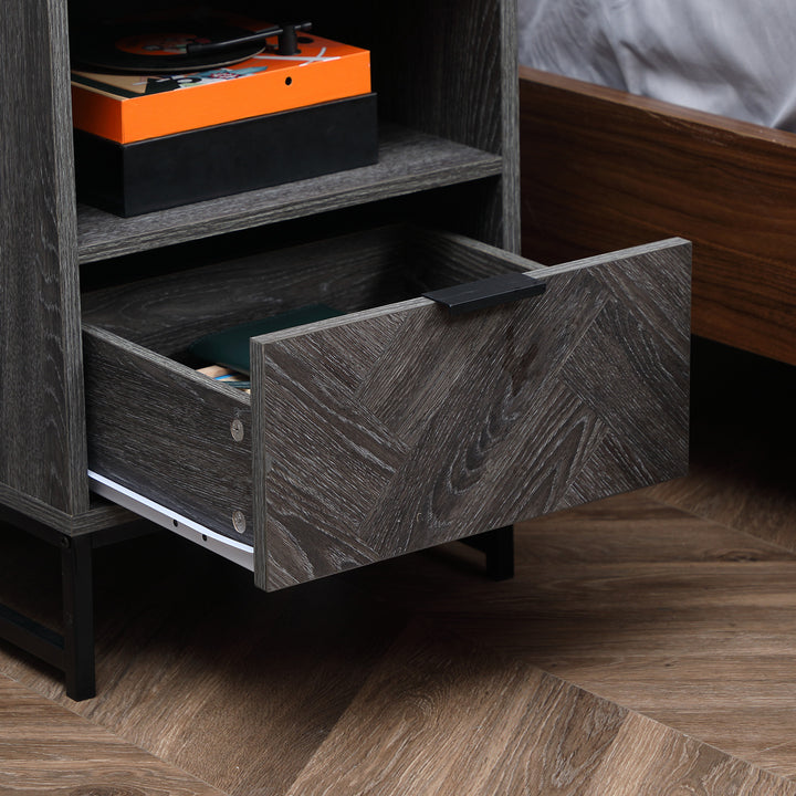 Bedside Table with Drawer and Shelf, Side End Table with Steel Legs for Living Room, Bedroom, Set of 2, Dark Grey