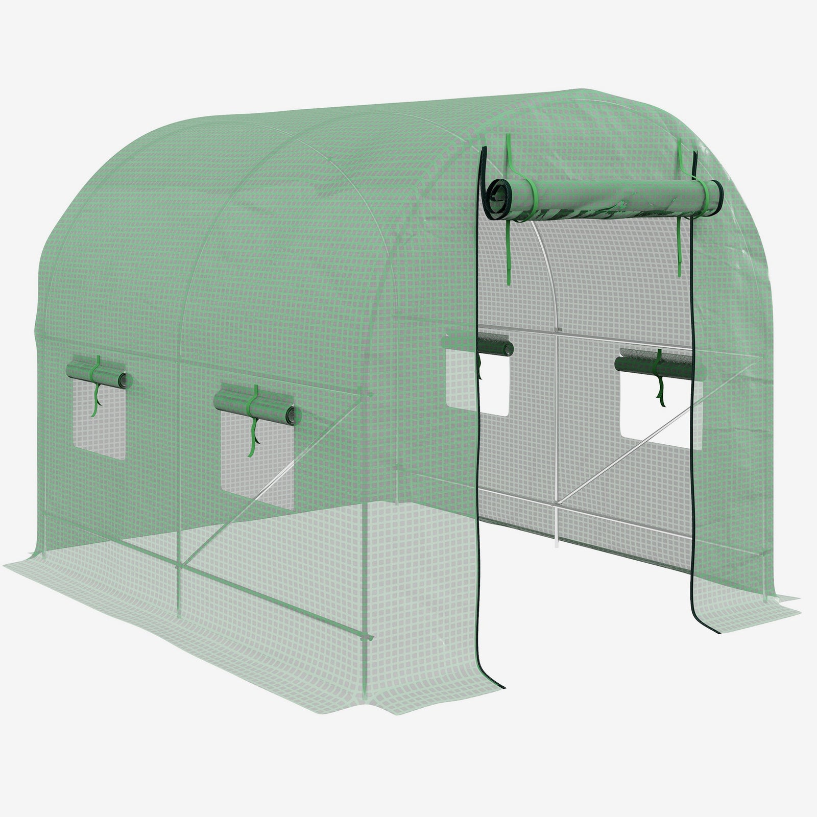 Walk-In Garden Polytunnel Greenhouse with Steel Frame, PE Cover, Roll-Up Door and 4 Windows, 2.5 x 2m, Green