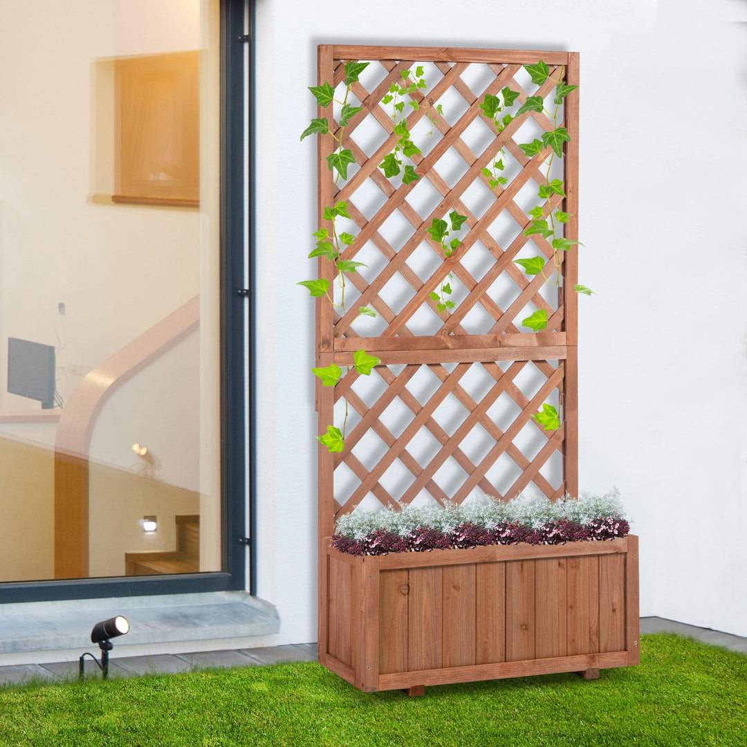 72.5 x 31.5 x 149.5 cm 45L Garden Wooden Pine Trough Planter with Topped Trellis Climbing Plants Flower Raised Bed, Orange