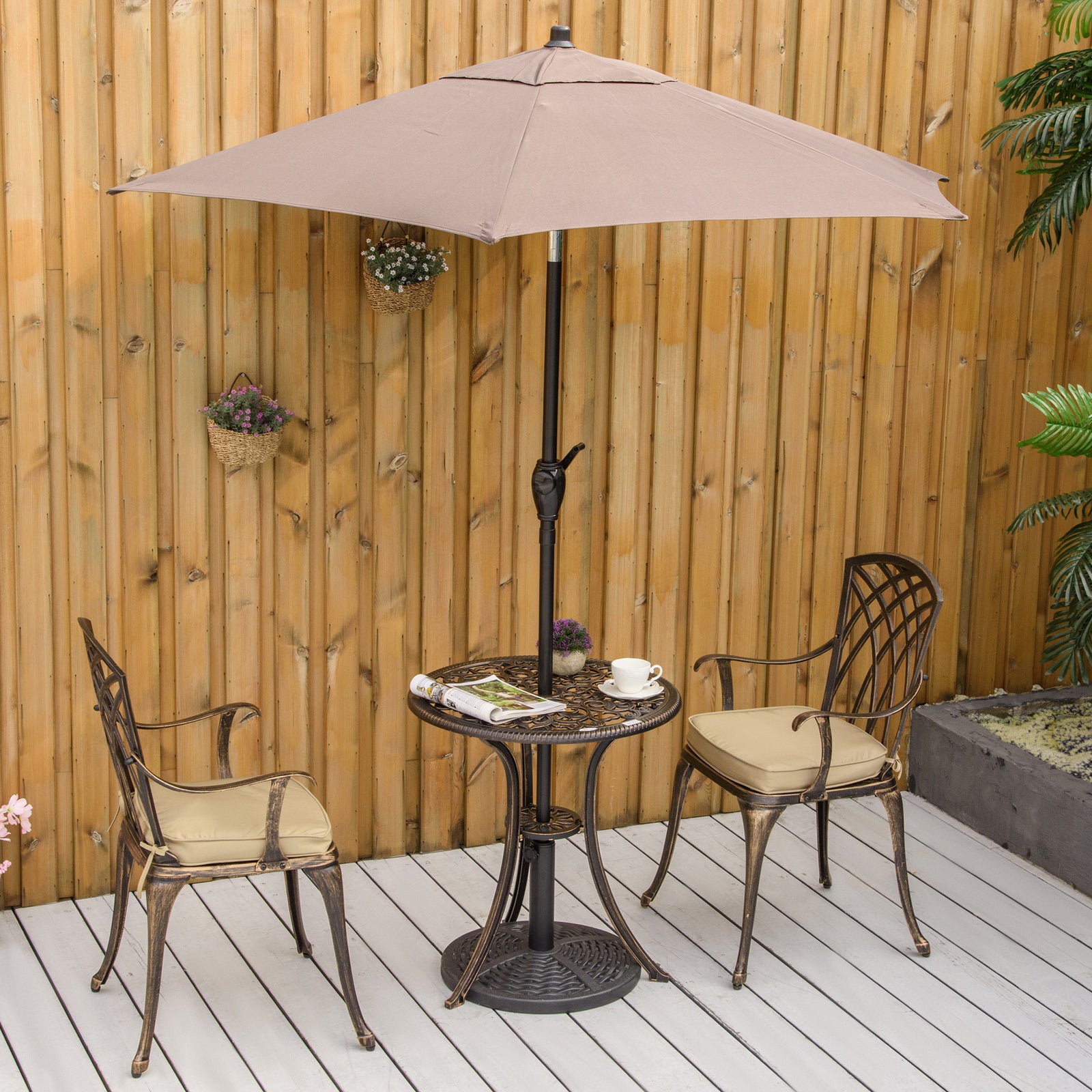 3pc Cast Aluminium Garden Bistro Set for 2 with Parasol Hole, Outdoor Coffee Table Set Rust Resistant with Cushions, Bronze
