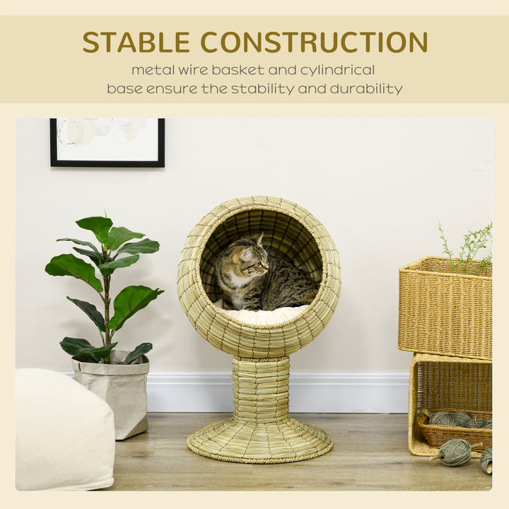 PawHut Cat House Elevated, Natural Mat Grass Bed, Round Kitten Cave with Cushion, Detachable Top, Yellow, 41 x 71.5 cm | Aosom UK