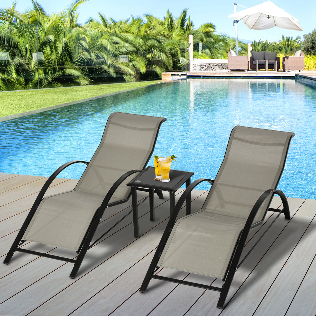 3 Pieces Sun Lounger Chair Set, Metal Frame Garden Outdoor Sunbathing Chair with Side Table and Armrest, Grey