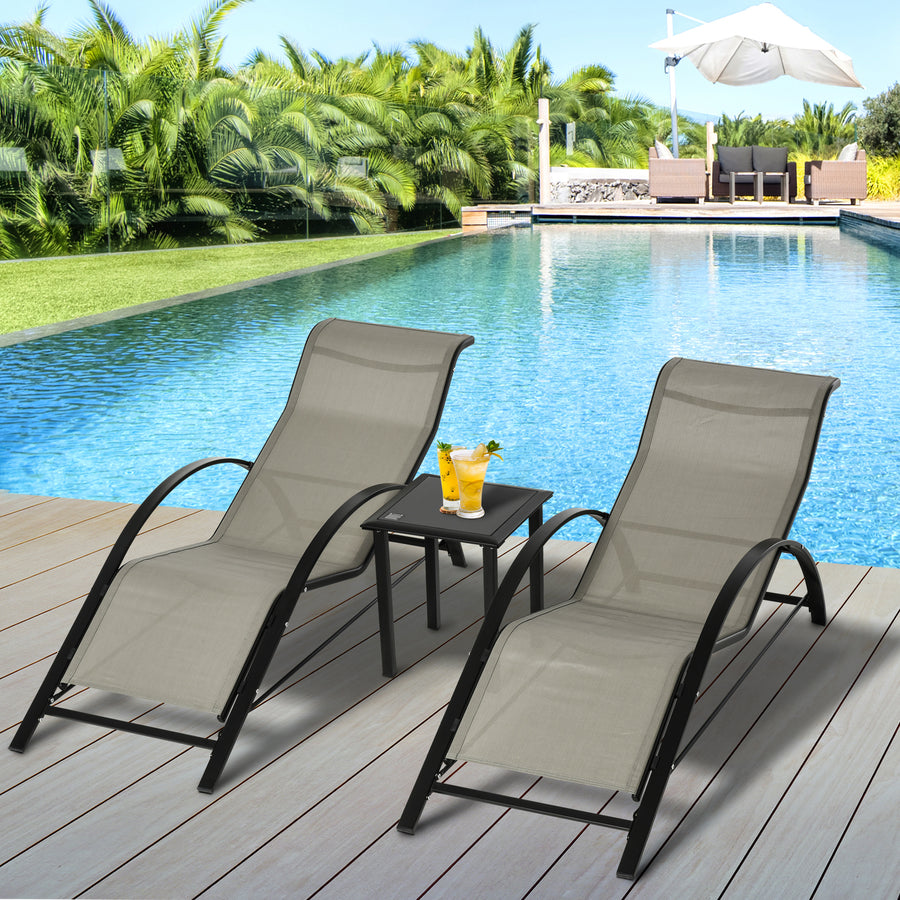 3 Pieces Sun Lounger Chair Set, Metal Frame Garden Outdoor Sunbathing Chair with Side Table and Armrest, Grey