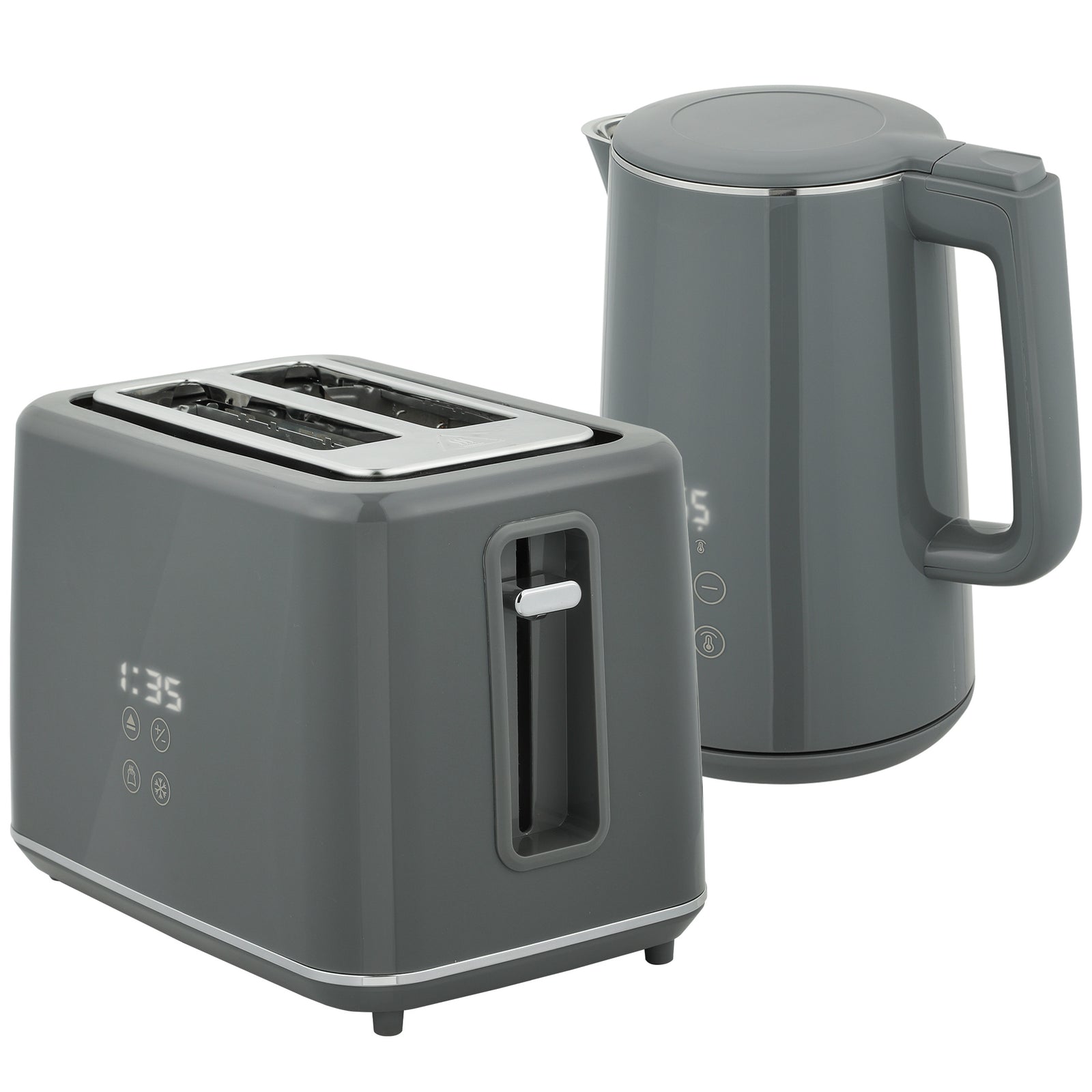Digital Kettle and Toaster Set, 1.5L 3000W Fast Boil Kettle, 2 Slice Toaster Kitchen Set with 7 Level Browning Controls, Defrost, Reheat, Keep Warm, Crumb Tray and LED Touch Display, Grey