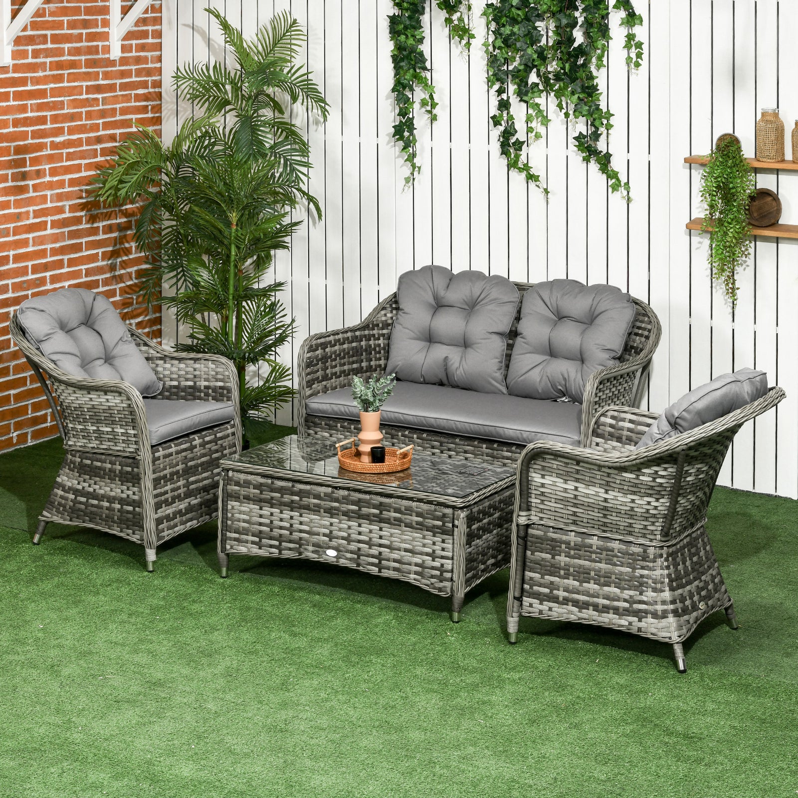 Four-Piece Rattan Sofa Set, with Glass-Top Table - Mixed Grey