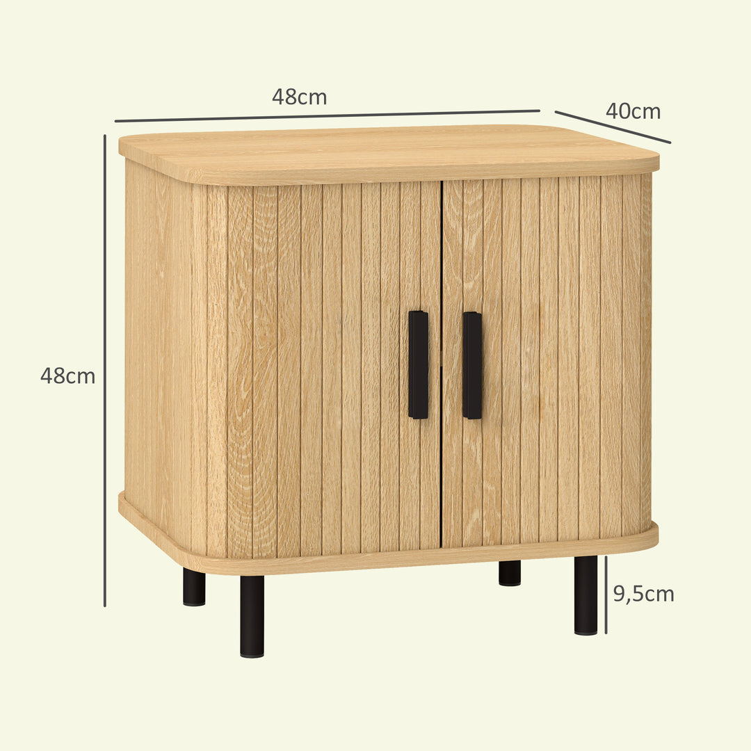 Bedside Table, Nordic Side Table with Roller Shutter Style Sliding Doors and Metal Legs for Bedroom, Living Room, Oak Tone