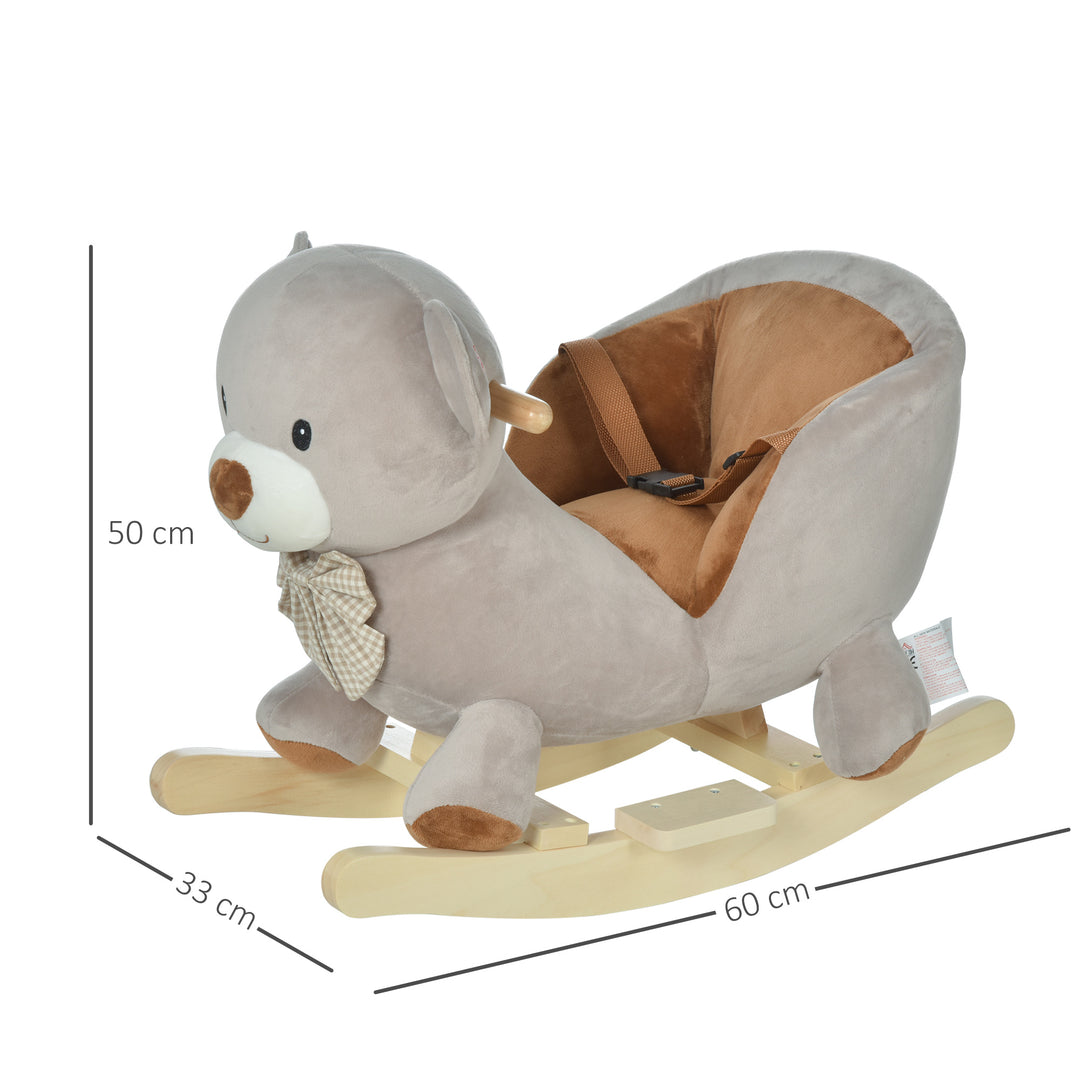 HOMCOM Kids Children Rocking Horse Plush Ride On Bear Seat w/ Sound Wood Base Seat Safety Belt Toddler Baby Toy Grey