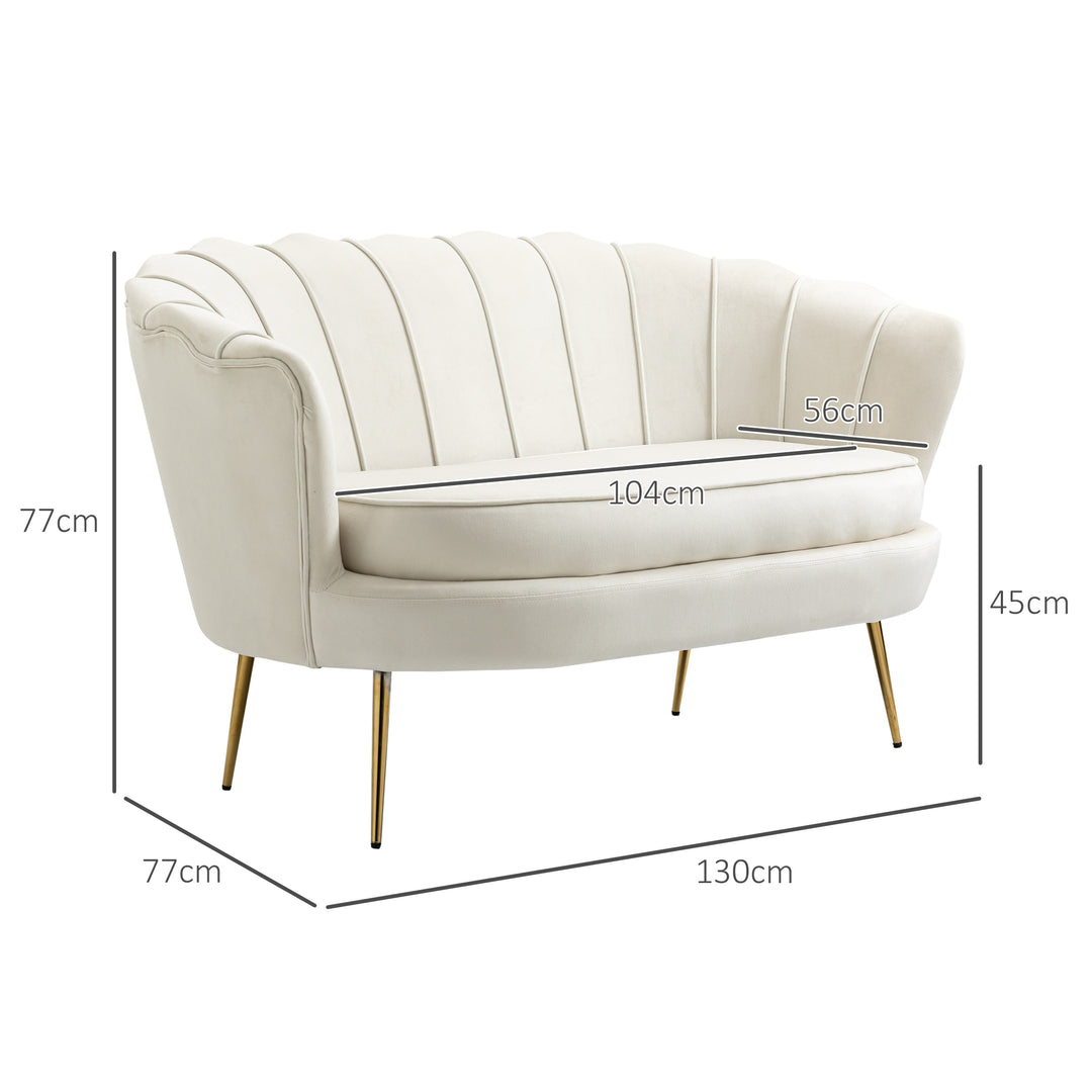 2 Seater Sofa, Modern Velvet Loveseat Sofa, Fabric Small Couch with Petal Backrest and Gold Steel Legs for Living Room, Bedroom, Cream