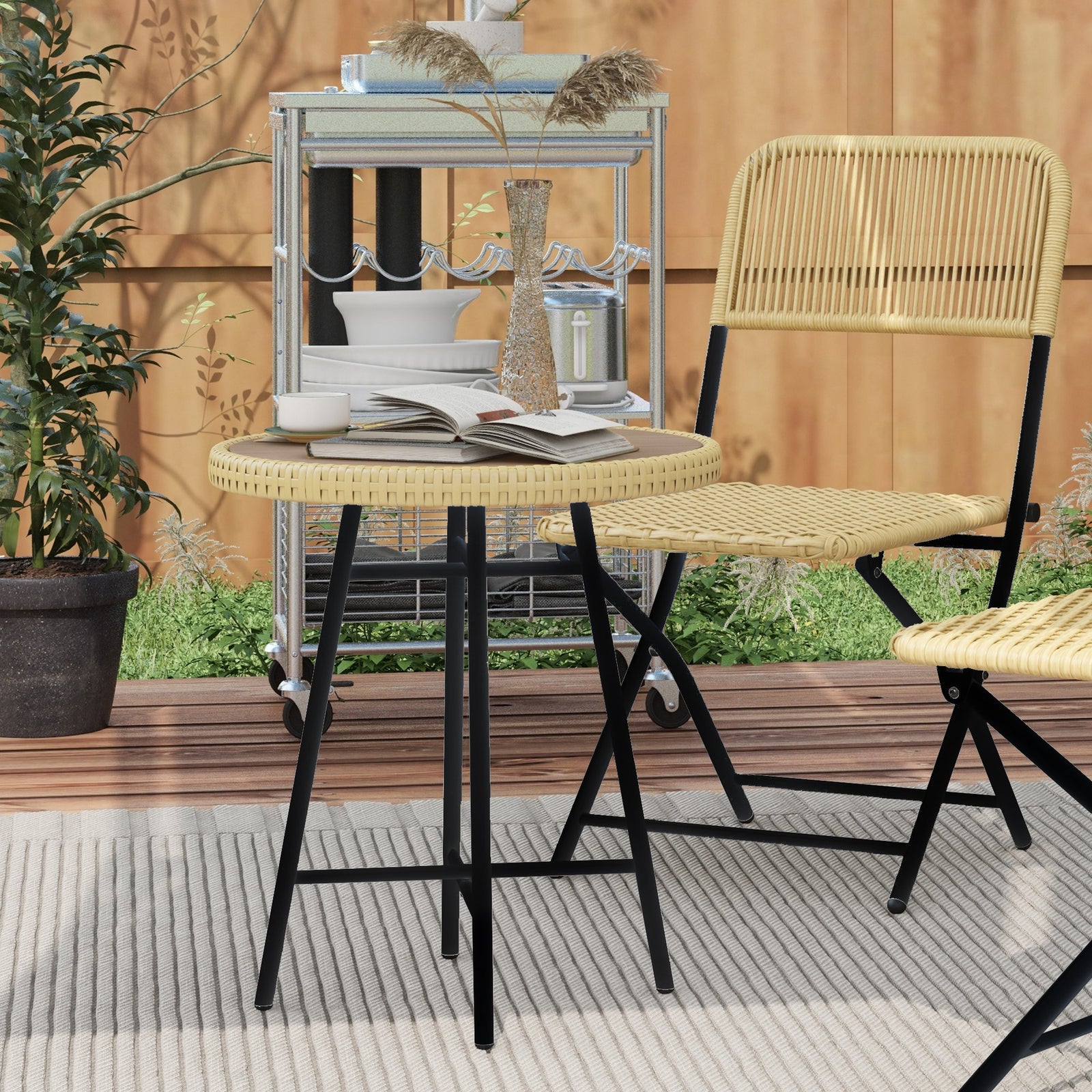 Rattan Border Outdoor Side Table - Natural Wood Finish