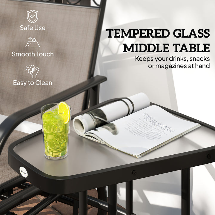 MCL Double Outdoor Glider Chair, 2 Seater Patio Rocking Chairs, Swing Bench with Tempered Glass Table, Breathable Mesh Fabric for Backyard, Garden, Porch, Brown