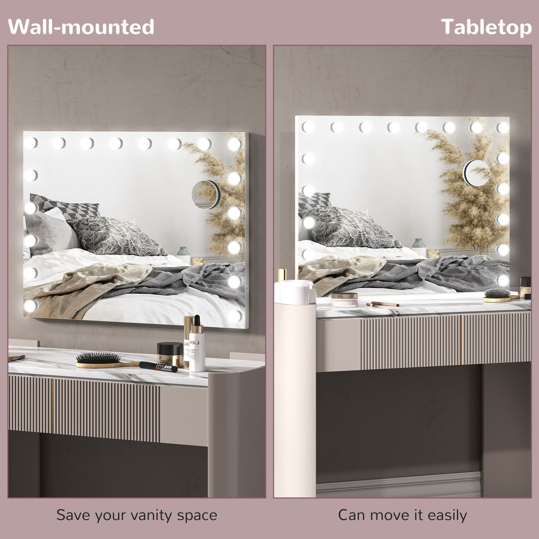 Hollywood Vanity Mirror with Lights, Large 80x62 cm Lighted Makeup Mirror with 3 Colour, 18 LED Bulbs, 10X Magnifying, USB Charging Port, Touch Screen, Tabletop or Wall Mounted Design, White