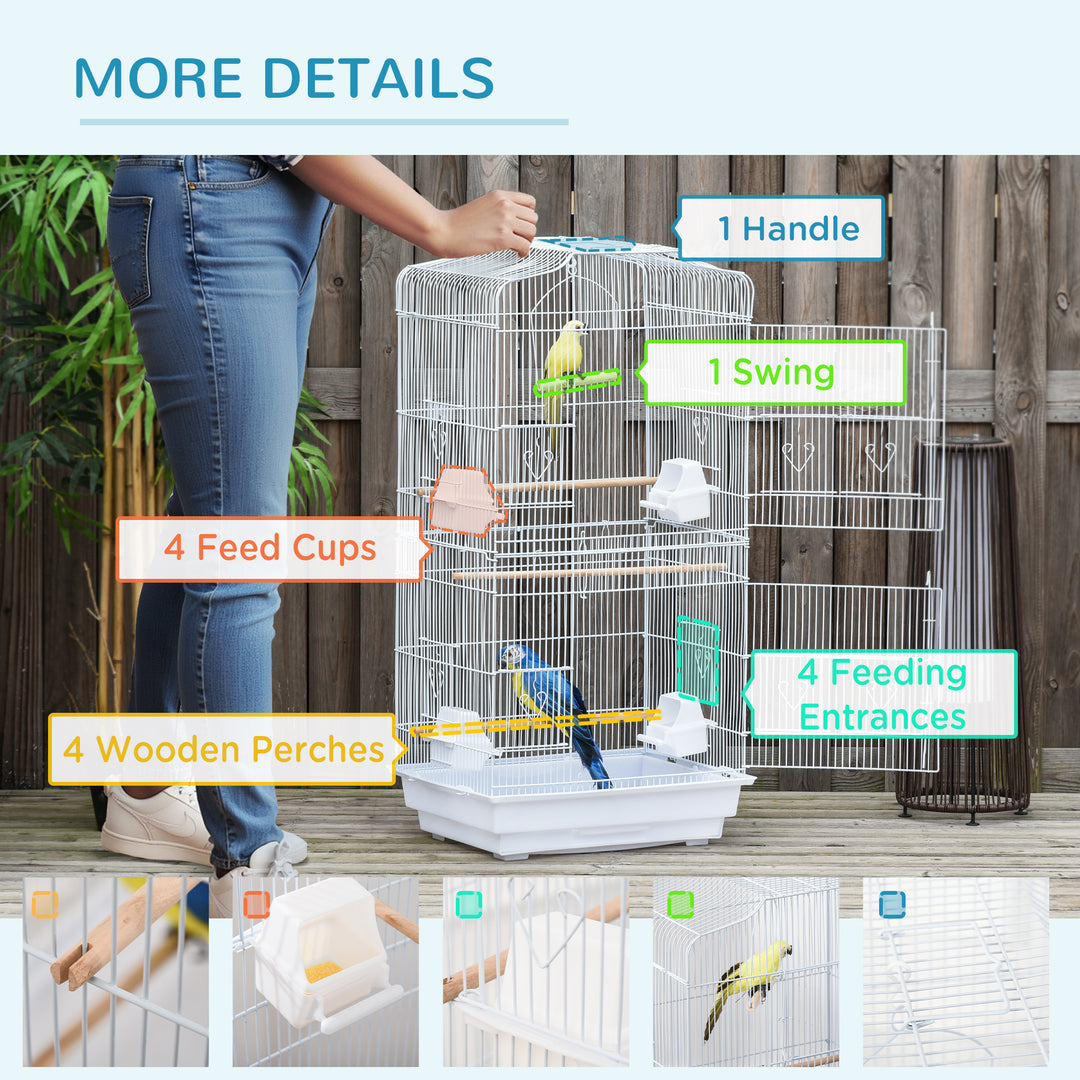 MCL Large Metal Bird Cage with Perches, Food Bowls, Swing, for Budgies, Parakeets, White