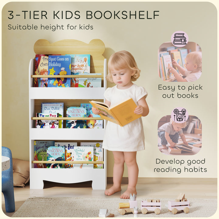 Kids Bookshelf, 3 Tier Children Bookcase, Bear Theme Toddler Space-Saving Bookcase for Living Room