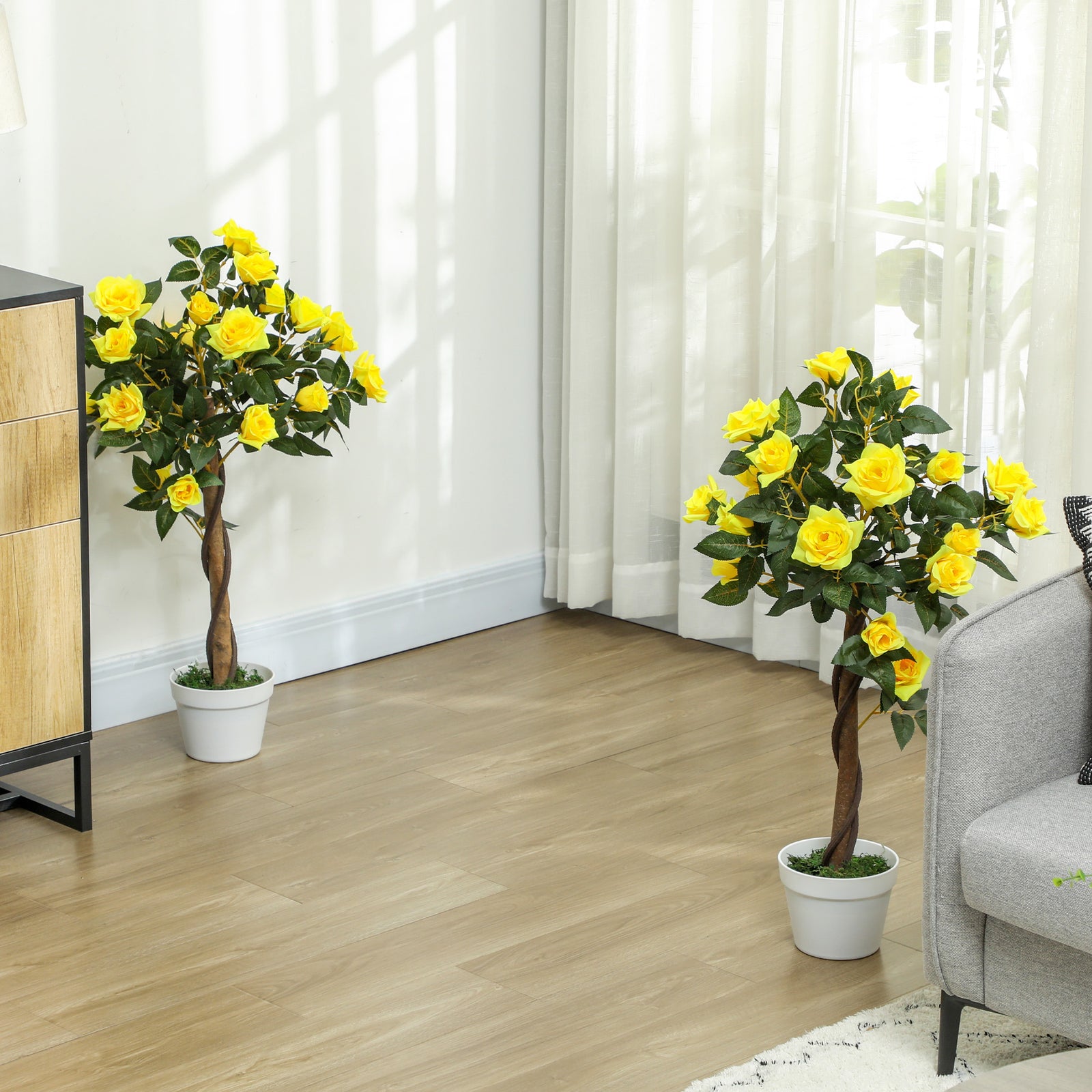 Set of 2 Artificial Plants White Rose Floral in Pot, Fake Plants for Home Indoor Decor, 90cm, Yellow