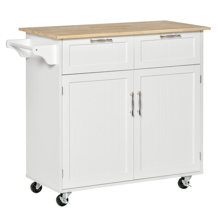 HOMCOM Modern Rolling Kitchen Island Storage Kitchen Cart Utility Trolley with Rubberwood Top, 2 Drawers, White | Aosom UK