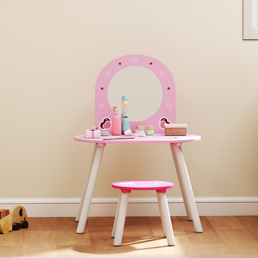 Kids Dressing Table with Mirror and Stool, Girls Vanity Set for Kids Room, Bedroom, Nursery, for Ages 3–6 Years