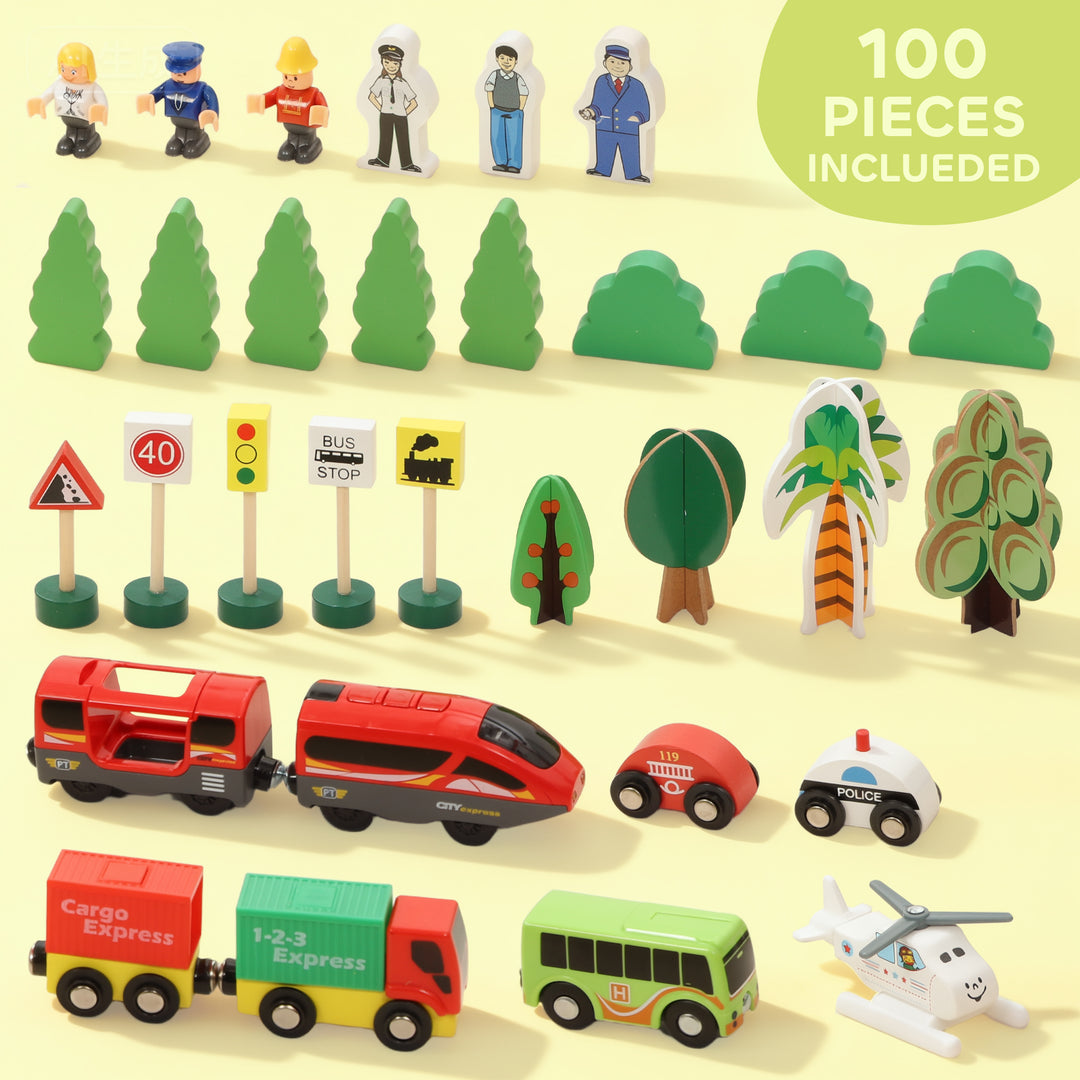 MCL 100 Piece Wooden Train Set for Kids 3+ Years with Track, Crane, Battery Operated Train