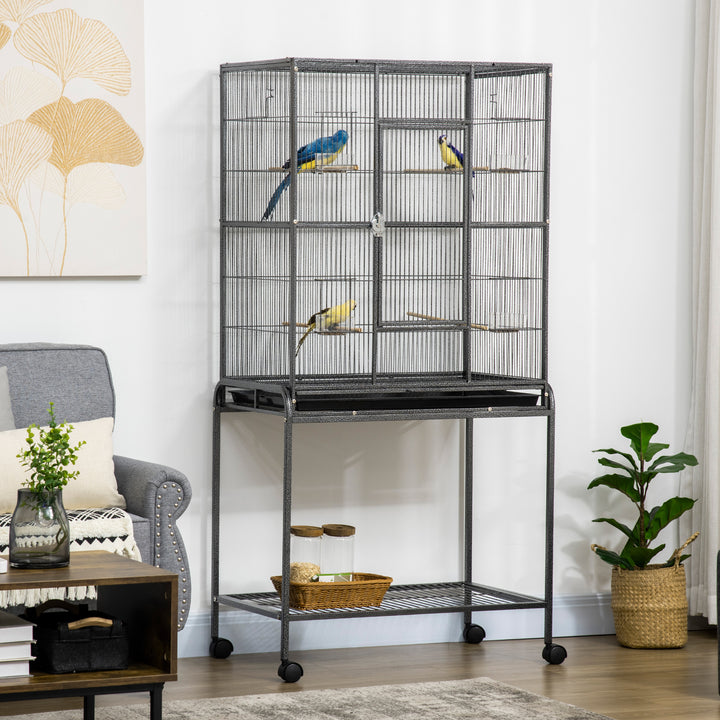 MCL Large Bird Cage Budgie Cage with Stand, Storage Shelf, Wood Perch for Parrot Canary Parakeet Cockatiels, 81 x 48 x 162.5 cm