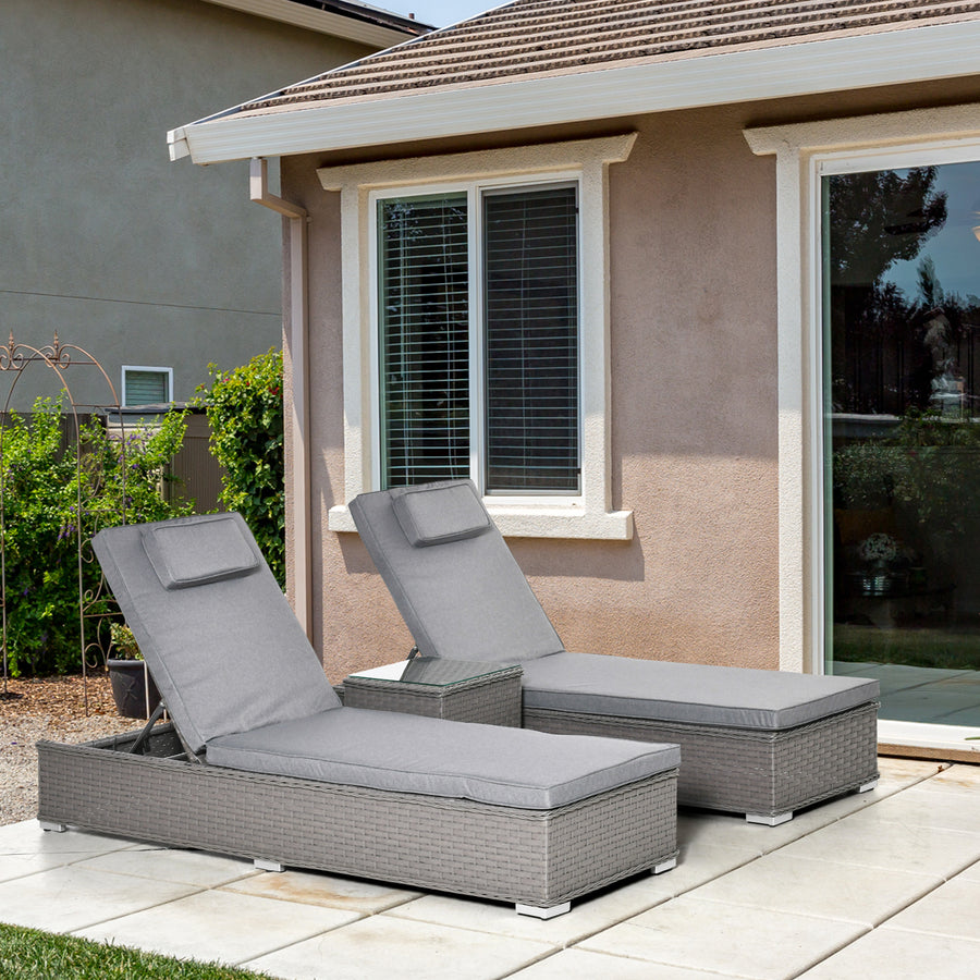 3 Pieces Rattan Sun Lounger Set with Aluminium Frame, 5-Position Adjustable Reclining Garden Chairs and Glass Top Table, Wicker Garden Furniture Daybed with Cushions for Patio, Grey