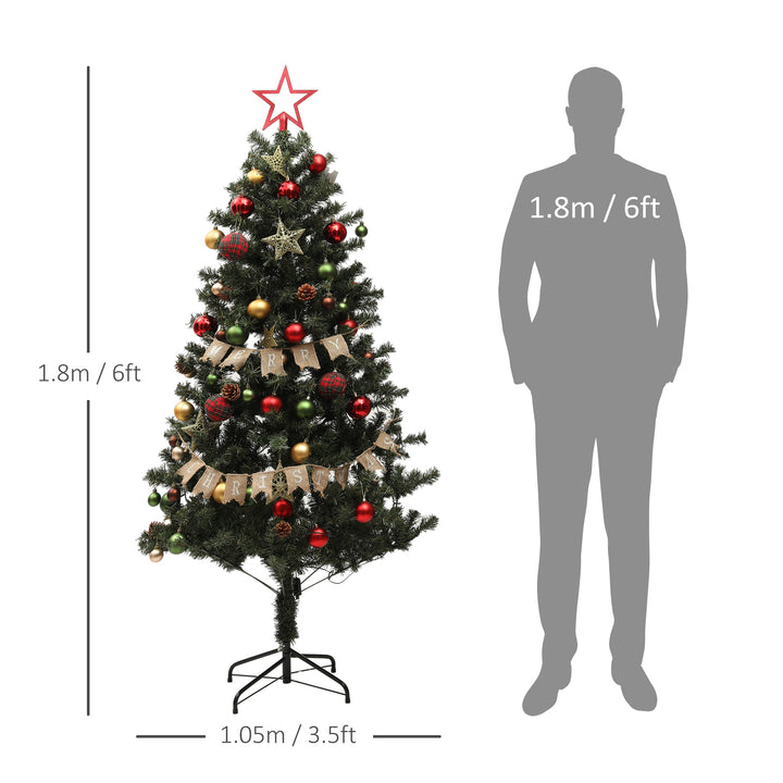 6ft Pre-Lit Xmas Tree with Decorations, Green, Red and Warm White