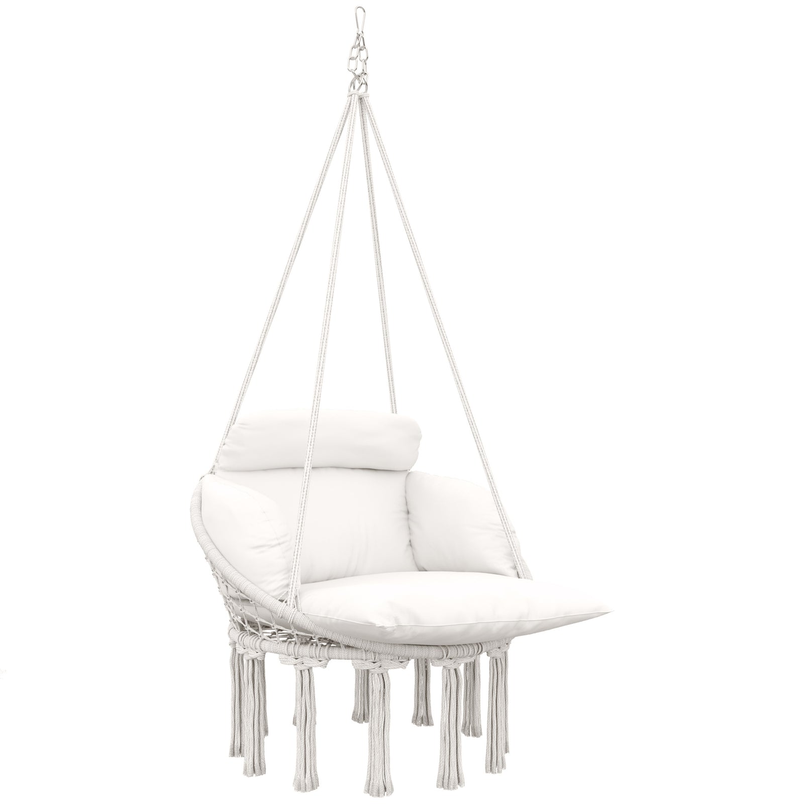 Hanging Chair Outdoor Hammock Chair with Soft Cushion, Cotton Rope Boho Style Swing Chair, Hanging Garden Swing Seat for Indoor Outdoor, Cream White
