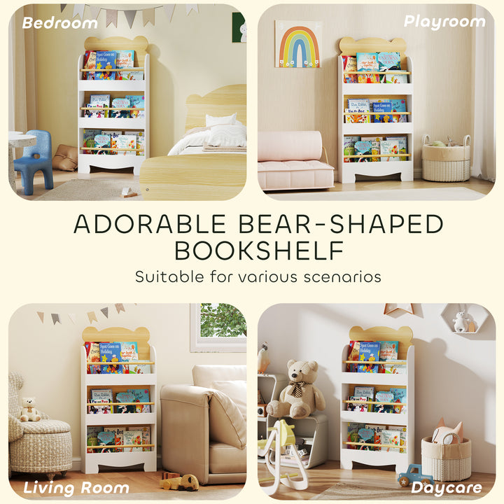 Kids Bookshelf, 3 Tier Children Bookcase, Bear Theme Toddler Space-Saving Bookcase for Living Room